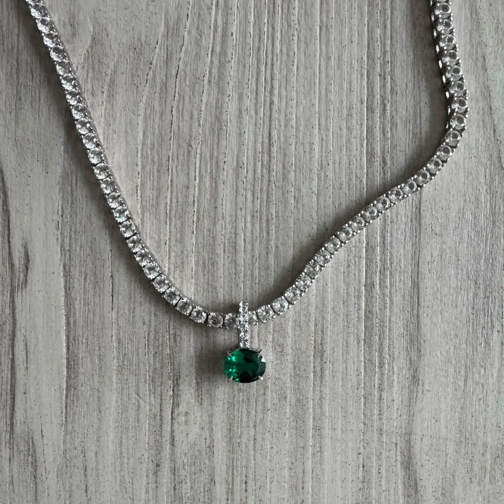 KATE RIVIÈRE NECKLACE IN 3.75MM LAB WHITE SAPPHIRE 16in with emerald pendant - Picture 6 of 10